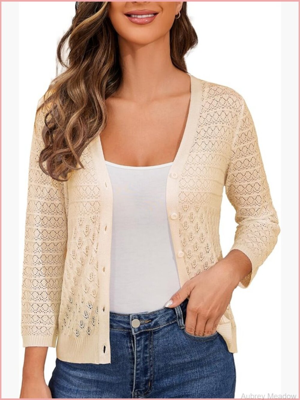 Lightweight Crochet Cardigan 3/4 Sleeve Cropped V Neck Button Shrug Knit Sweater - Picture 1 of 6